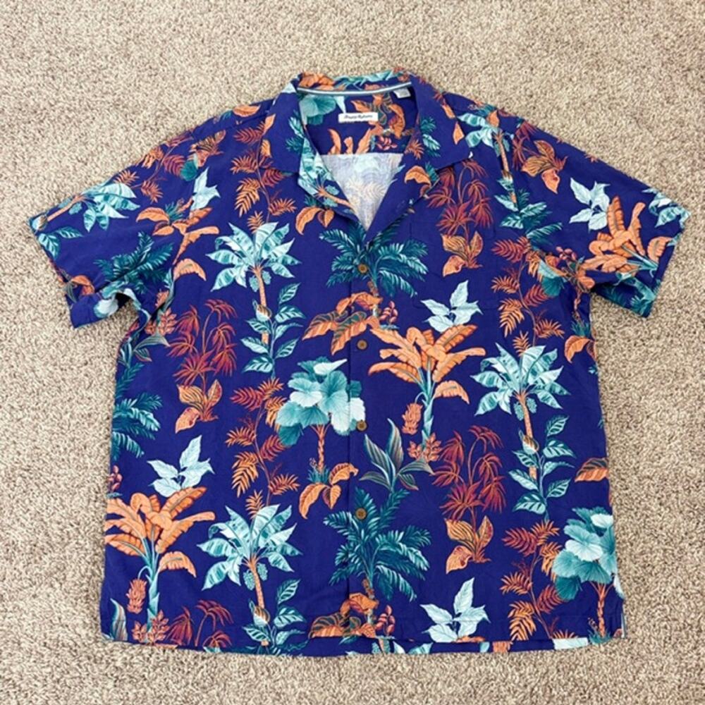 Tommy Bahama Kehoe Beach Palms Silk Camp Shirt Men's XXL Blue Tropical Floral